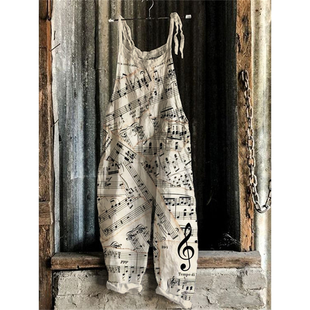 Vintage Faded Sheet Music Treble Clef Loose Fit Jumpsuit