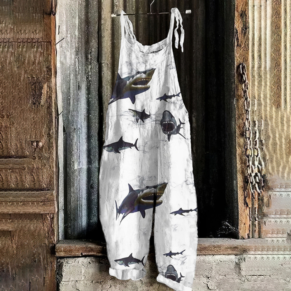 Vintage Fierce Shark Graphic Painting Art Loose Jumpsuit