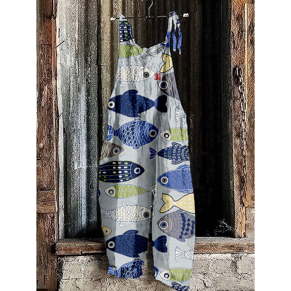 Vintage Fish Japanese Art Linen Blend Comfy Jumpsuit