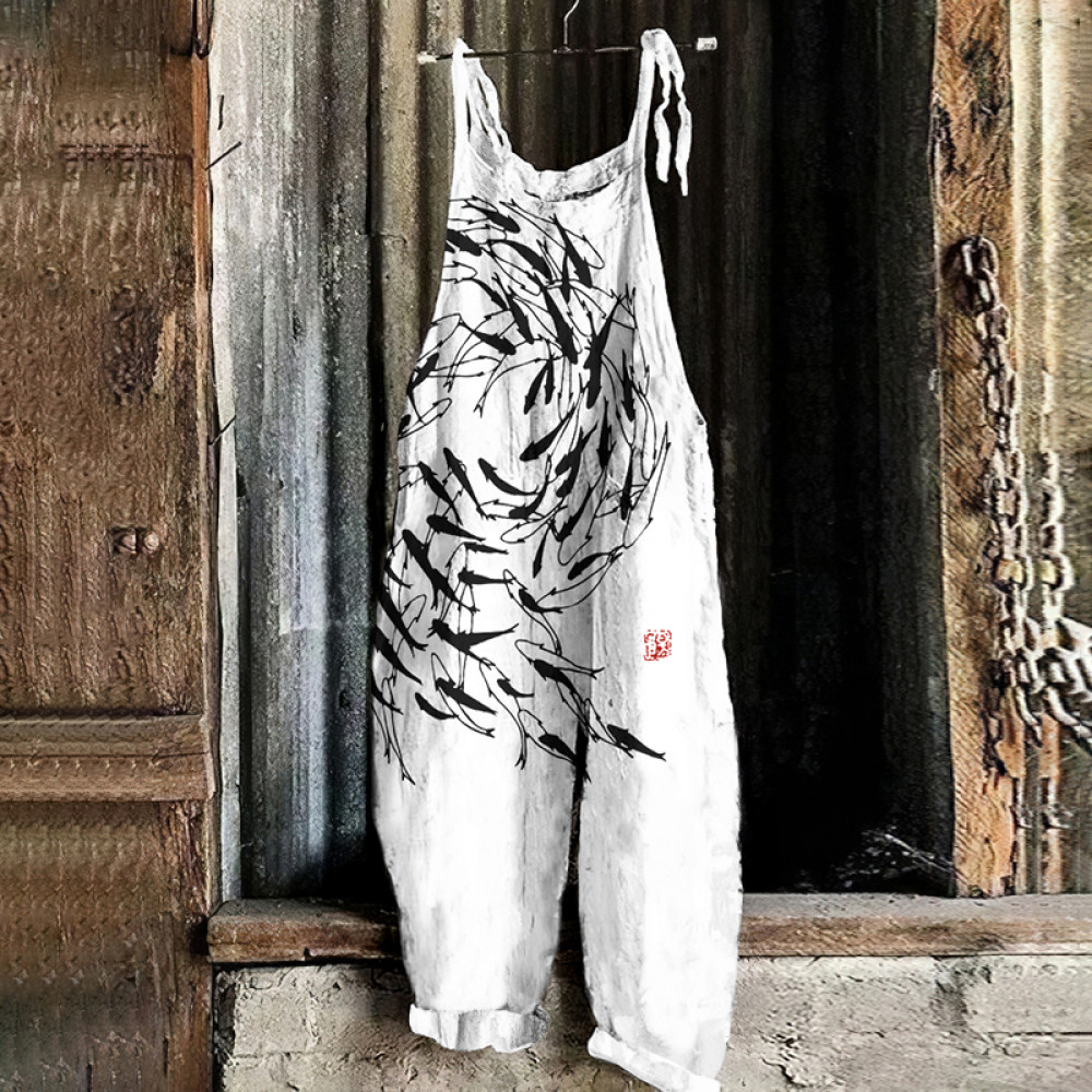 Vintage Flock Of Fish Graphic Painting Art Loose Jumpsuit