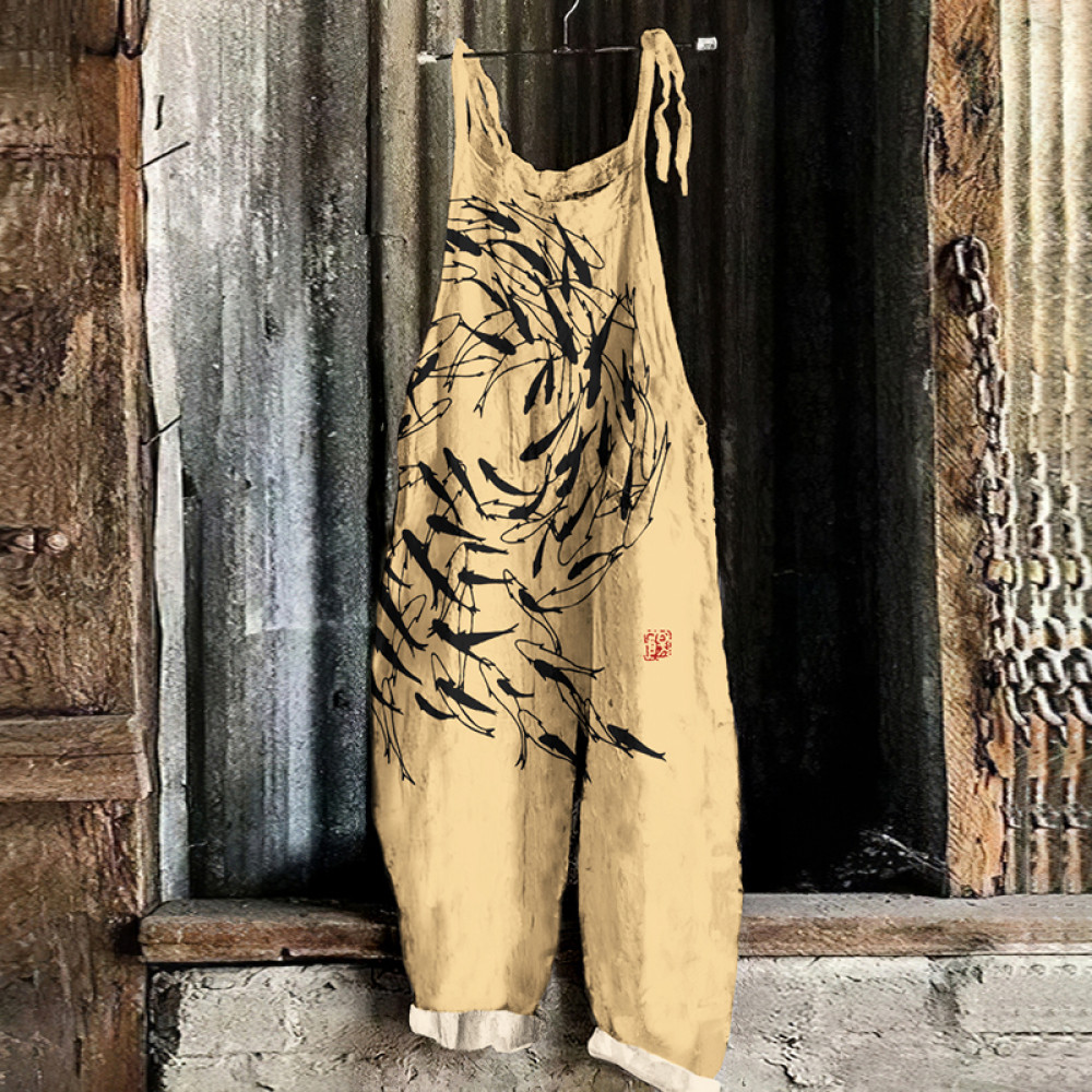 Vintage Flock Of Fish Graphic Painting Art Loose Jumpsuit