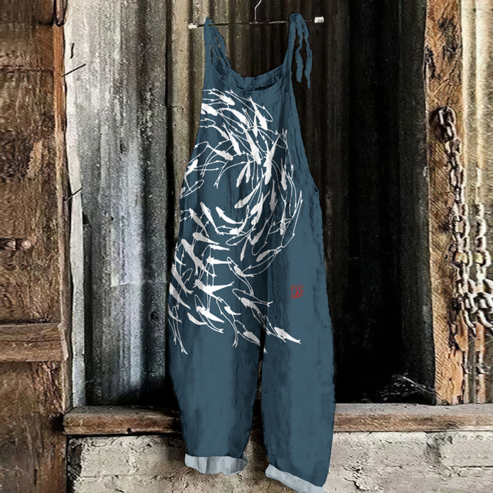 Vintage Flock Of Fish Graphic Painting Art Loose Jumpsuit