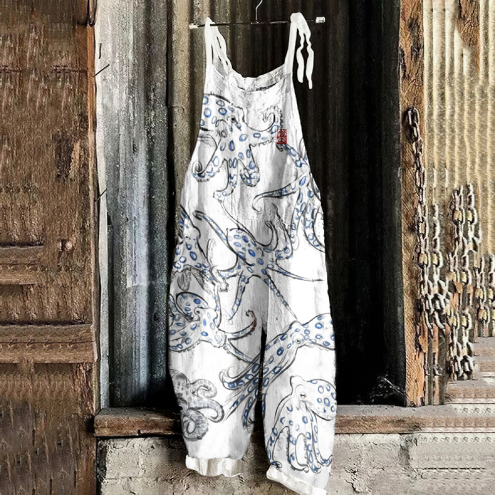 Vintage Japanese Art Blue-Ringed Octopus Graphics Loose Jumpsuit