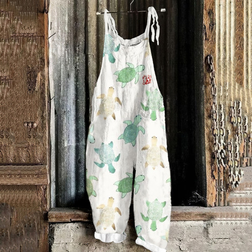 Vintage Japanese Art Colorful Turtle Printed Casual Jumpsuit