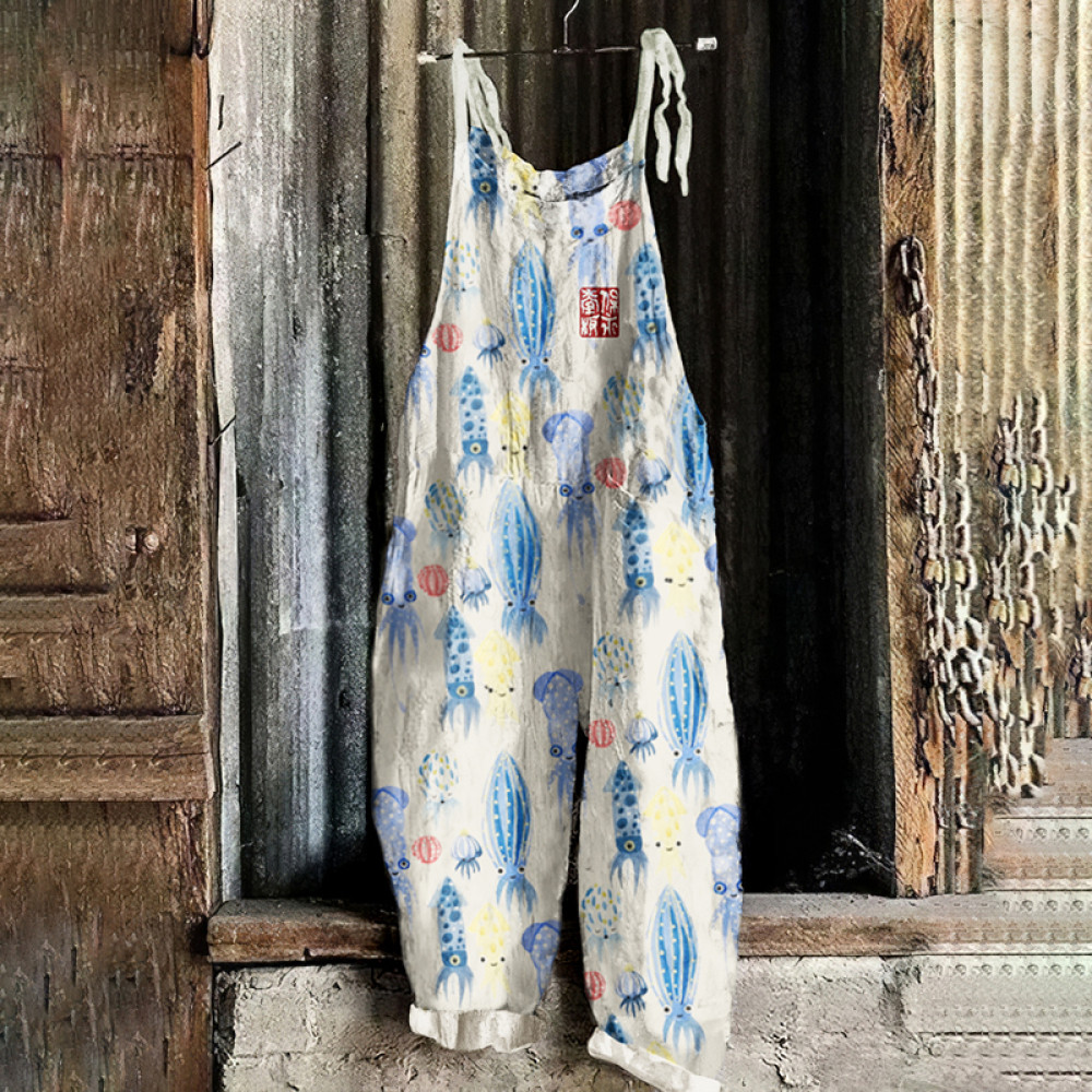 Vintage Japanese Art Cute Octopus Print Loose Jumpsuit