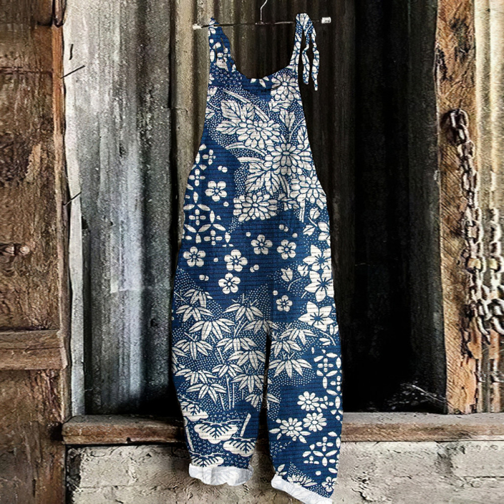 Vintage Japanese Art Flower Print Loose Jumpsuit