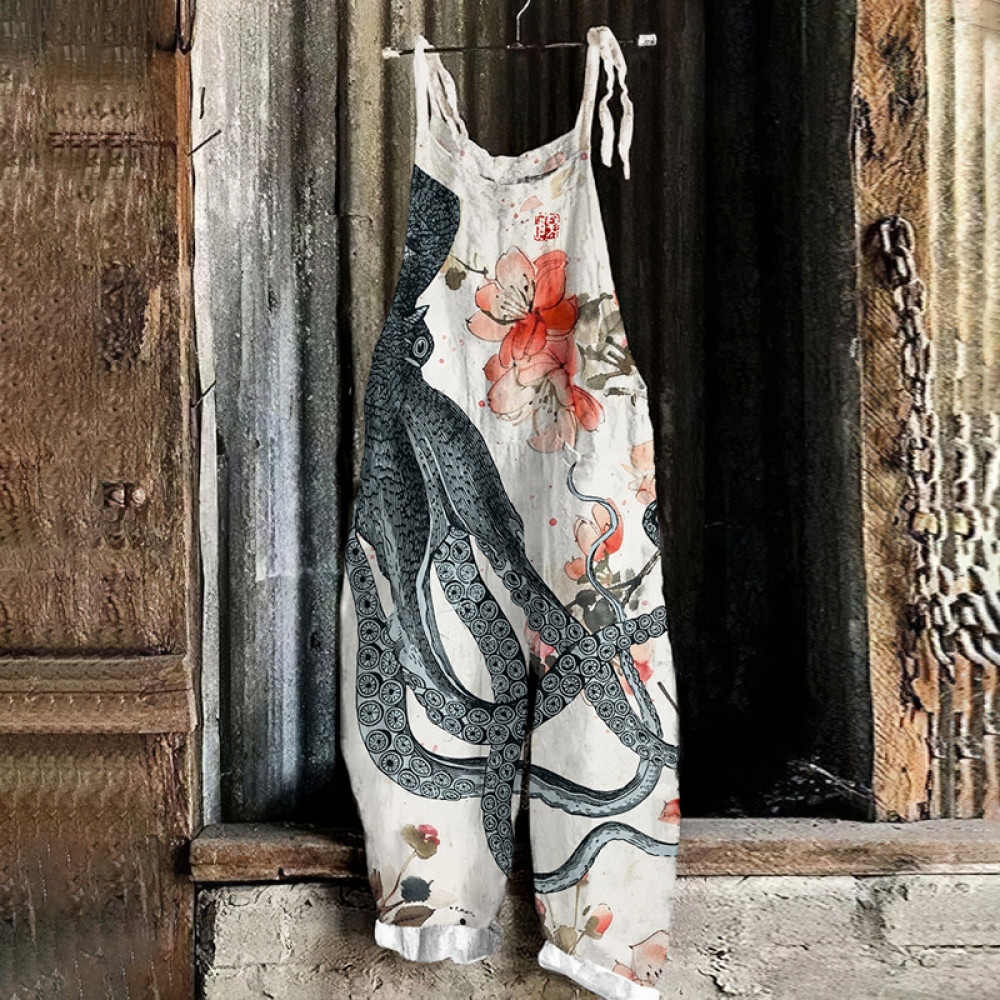 Vintage Japanese Art Octopus Floral Print Loose Jumpsuit