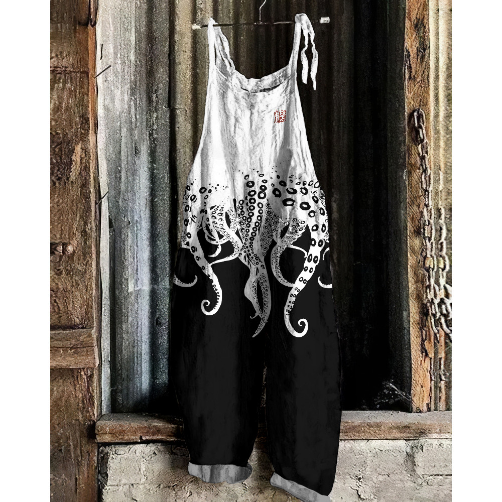 Vintage Japanese Art Octopus Legs Print Casual Linen Blend Loose Jumpsuit