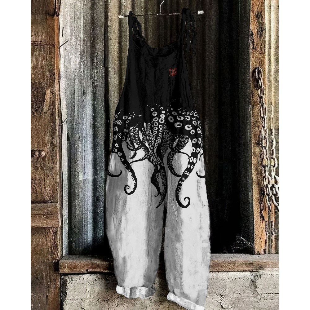 Vintage Japanese Art Octopus Legs Print Casual Linen Blend Loose Jumpsuit