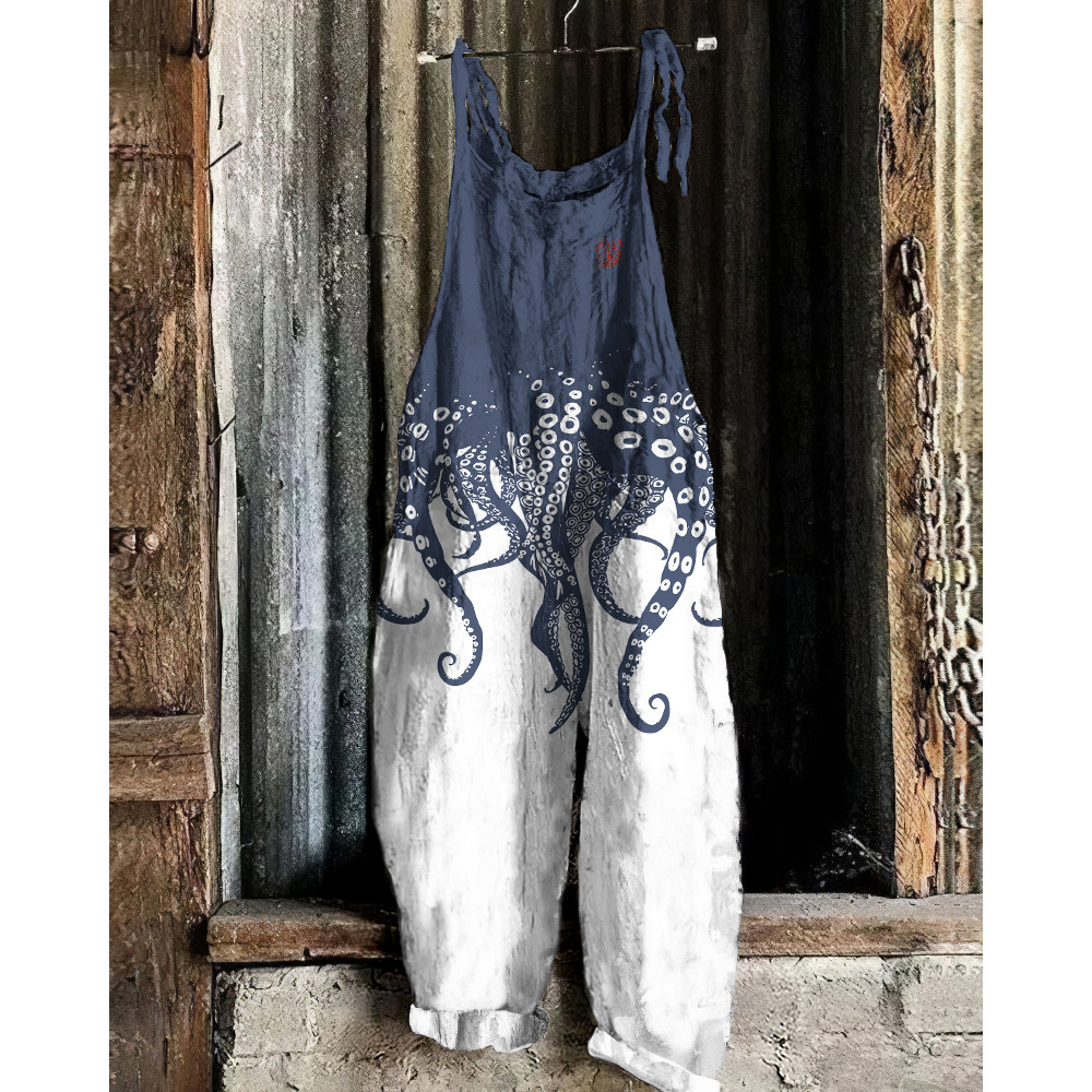 Vintage Japanese Art Octopus Legs Print Casual Linen Blend Loose Jumpsuit