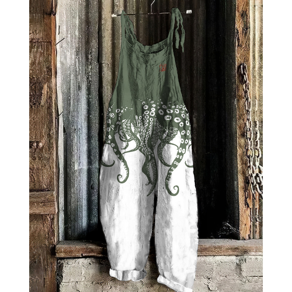 Vintage Japanese Art Octopus Legs Print Casual Linen Blend Loose Jumpsuit