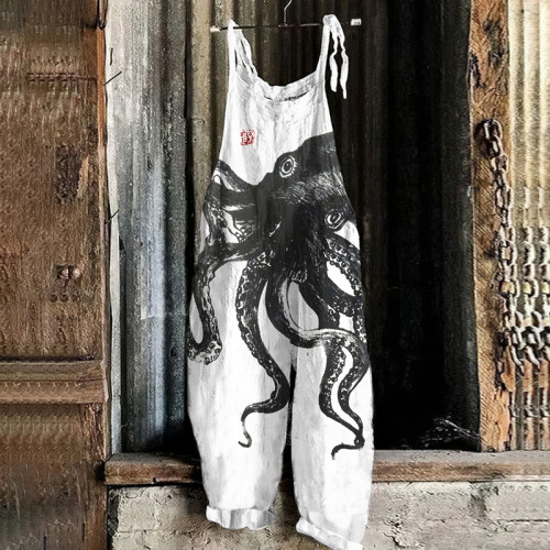 Vintage  Japanese Art Octopus Linen Blend Loose Casual Jumpsuit
