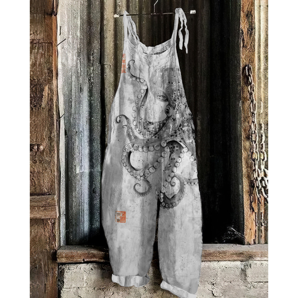 Vintage Japanese Art Octopus Print Casual Loose Jumpsuit