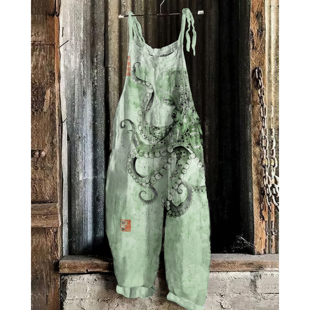 Vintage Japanese Art Octopus Print Casual Loose Jumpsuit