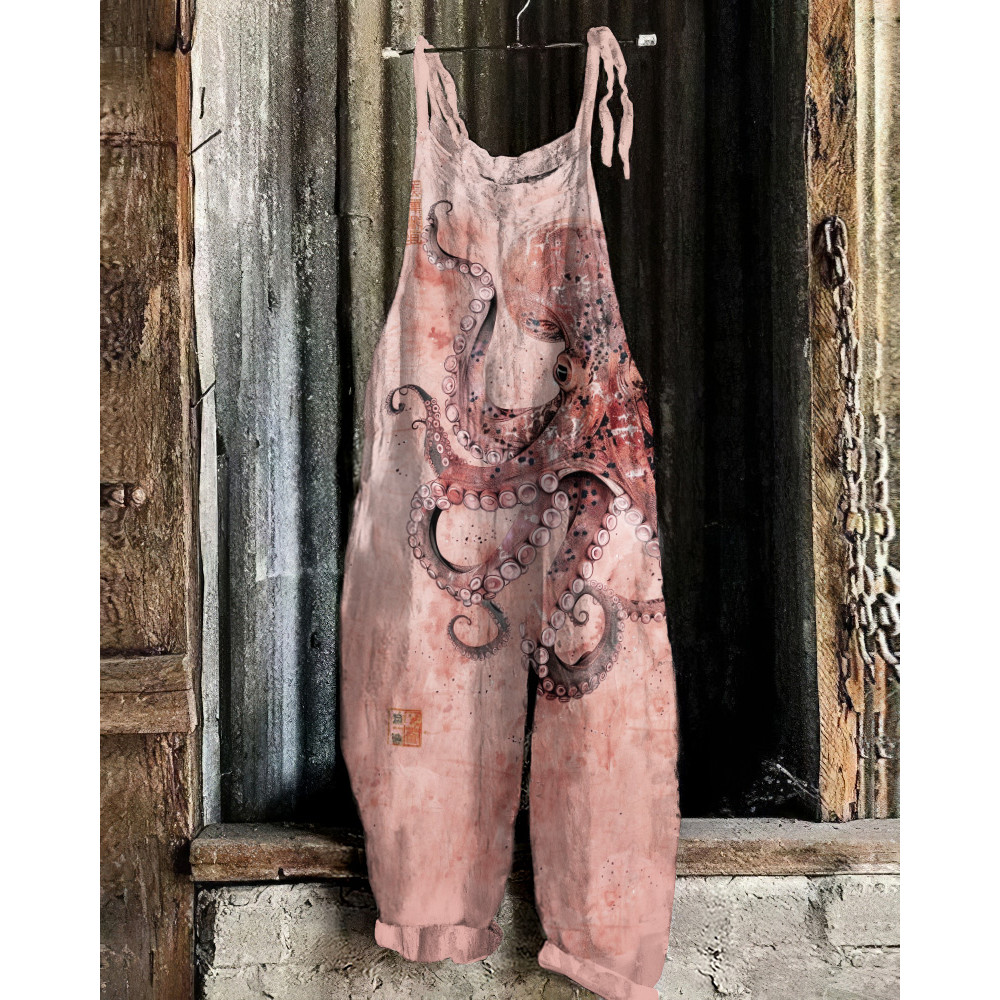 Vintage Japanese Art Octopus Print Casual Loose Jumpsuit