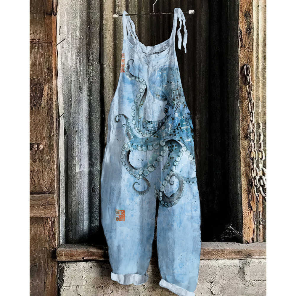 Vintage Japanese Art Octopus Print Casual Loose Jumpsuit