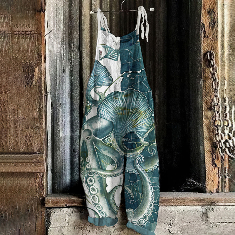 Vintage Japanese Art Octopus Print Loose Jumpsuit