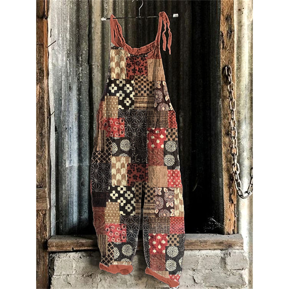 Vintage Japanese Art Patchwork Linen Blend Jumpsuit