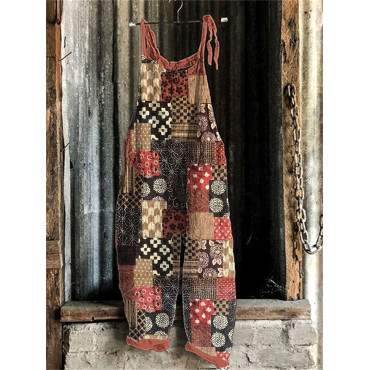 Vintage Japanese Art Patchwork Linen Blend Jumpsuit