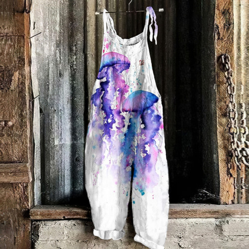 Vintage Japanese Art Watercolor Jellyfish Graphic Casual Loose Jumpsuit