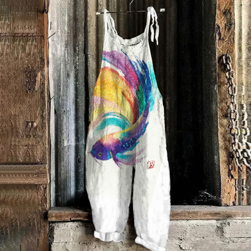 Vintage Japanese Art Watercolor Rainbow Koi Graphic Casual Loose Jumpsuit