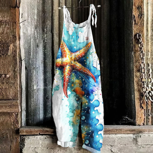 Vintage Japanese Art Watercolor Starfish Graphic Casual Loose Jumpsuit