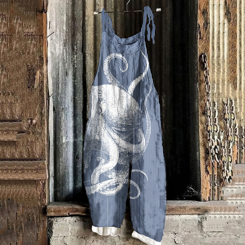 Vintage Japanese Octopus Stripes Art Linen Blend Jumpsuit