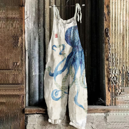 Vintage Japanese Octopus Watercolor Art Print Loose Jumpsuit