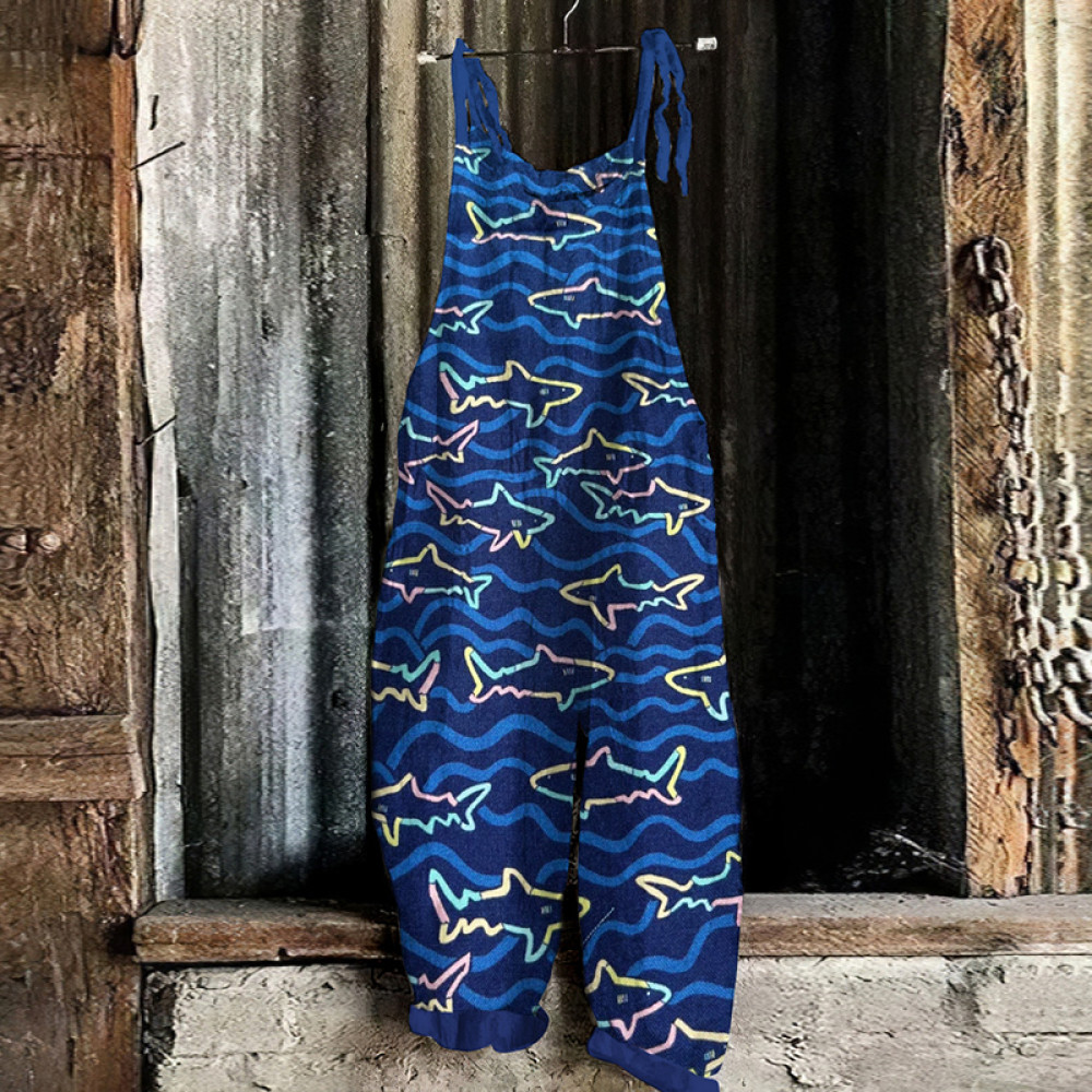 Vintage Neon Sharks Graphic Painting Art Loose Jumpsuit