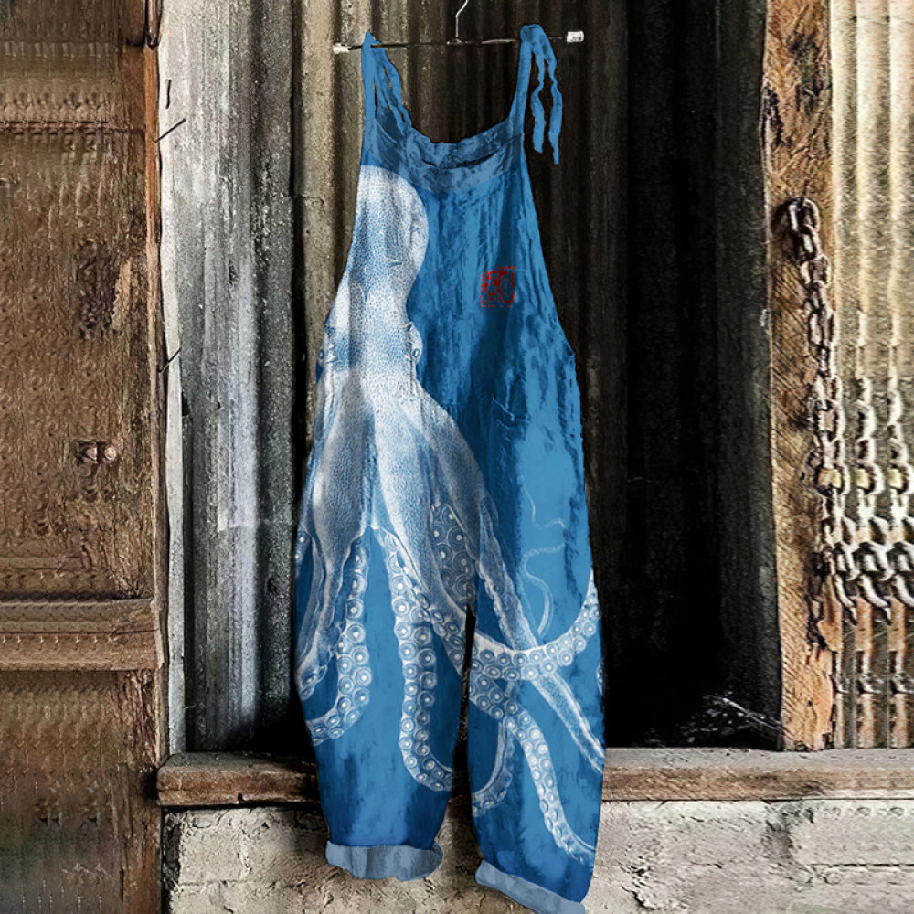 Vintage Octopus Japanese Art Print Loose Jumpsuit