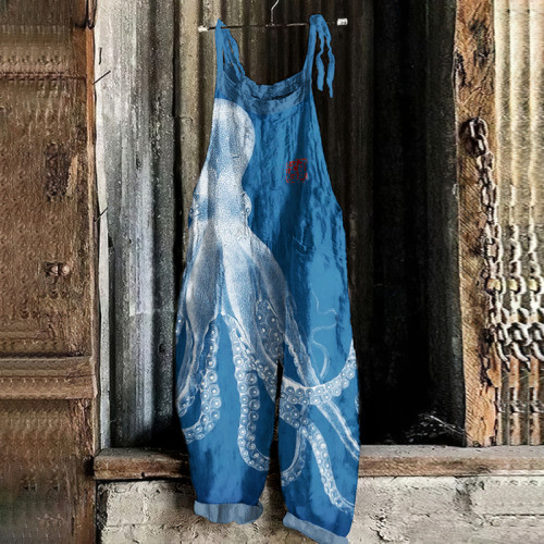 Vintage Octopus Japanese Art Print Loose Jumpsuit