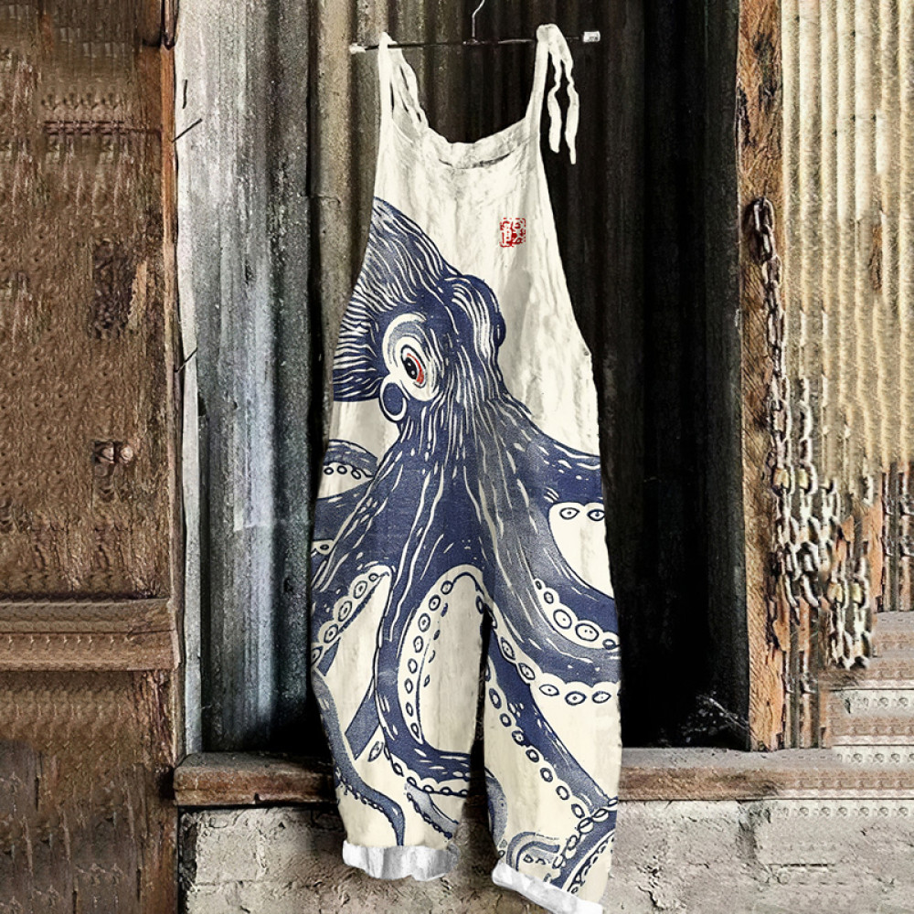 Vintage Octopus Japanese Art Print Loose Jumpsuit