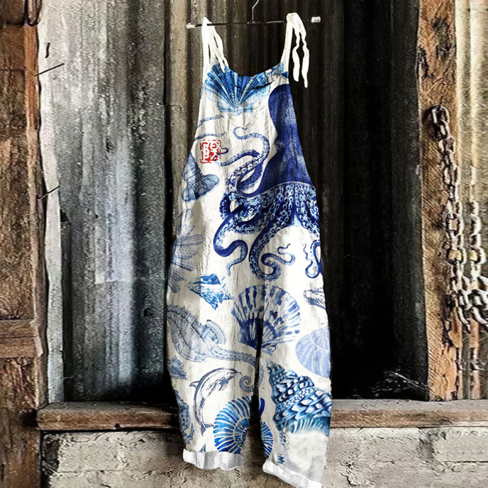 Vintage Octopus Marine Organisms Print Loose Casual Jumpsuit
