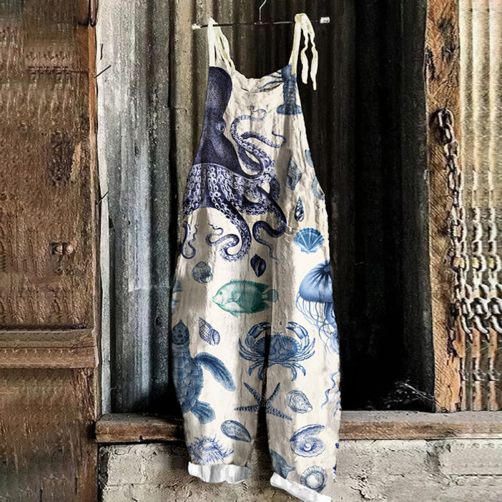Vintage Octopus Marine Organisms Print Loose Jumpsuit