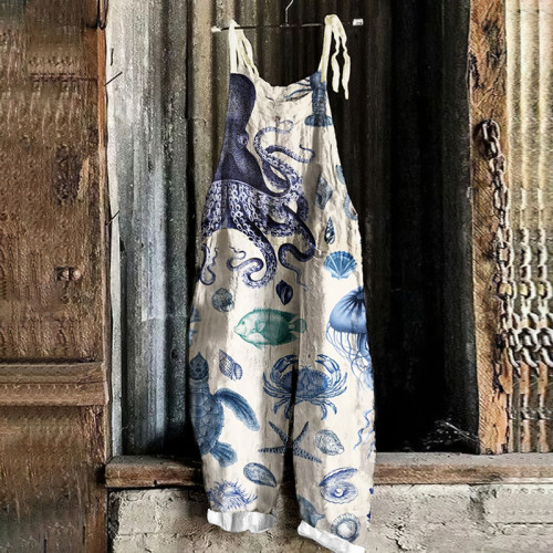 Vintage Octopus Marine Organisms Print Loose Jumpsuit