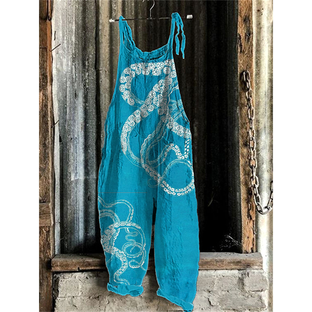 Vintage Octopus Print Linen Blend Casual Jumpsuit