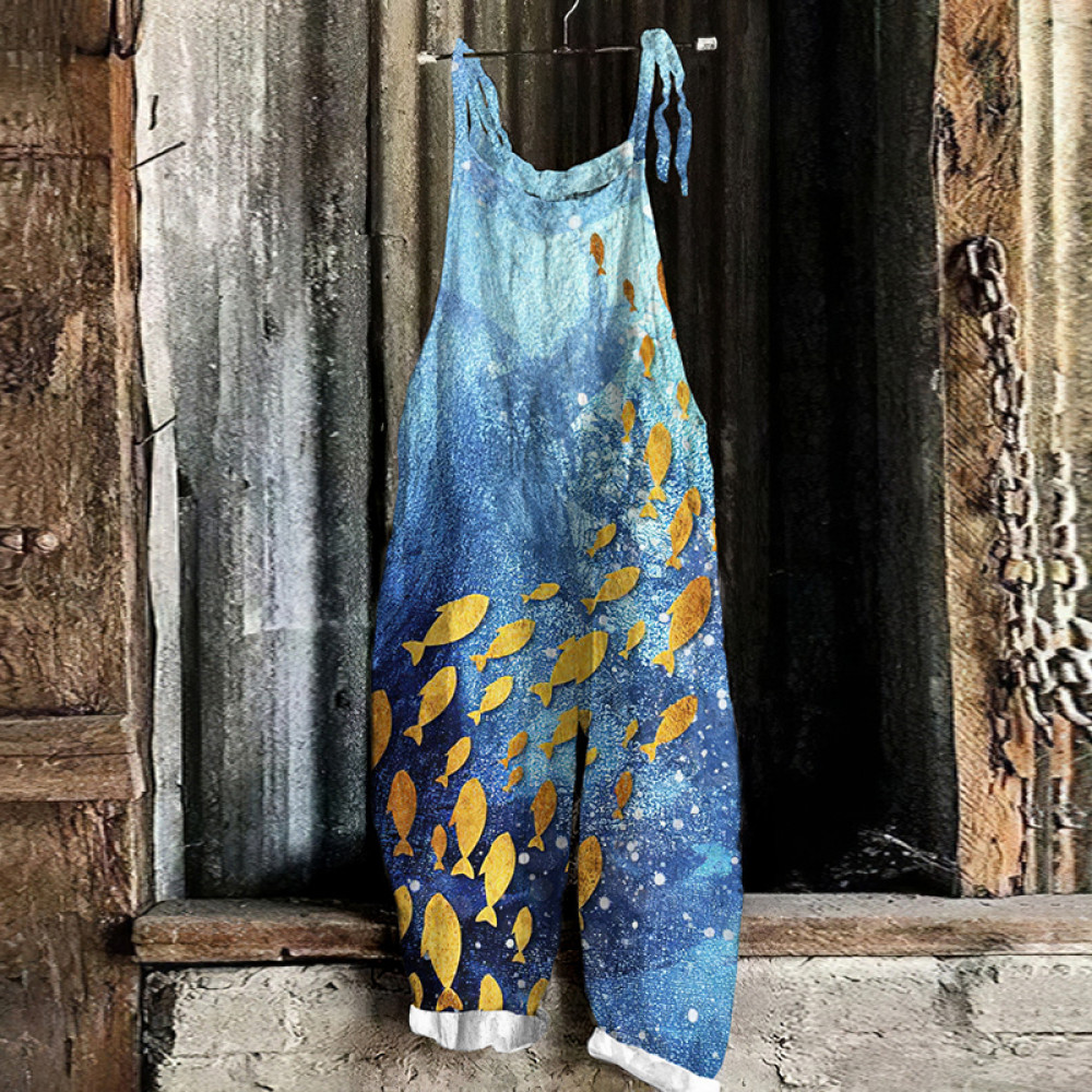 Vintage School Fish Linen Blend Loose Casual Jumpsuit