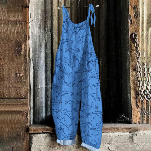 Vintage Sea ​​Animal Shark Graphic Painting Art Loose Jumpsuit
