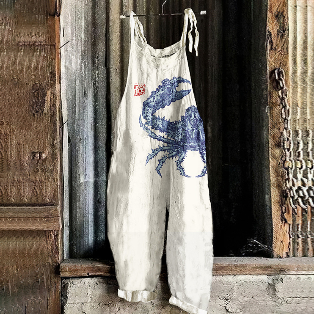 Vintage Sea Crab Art Loose Casual Jumpsuit