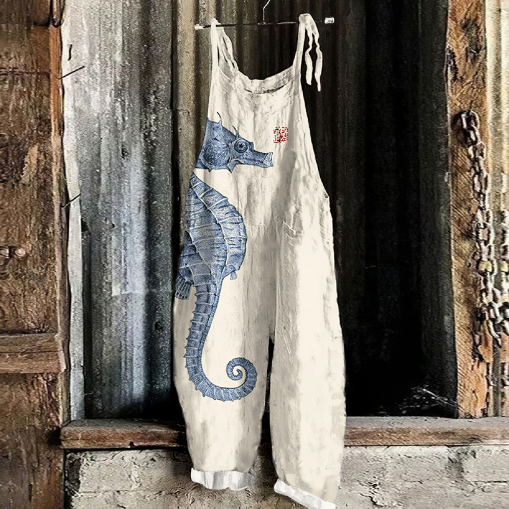 Vintage Seahorse Art Loose Casual Jumpsuit