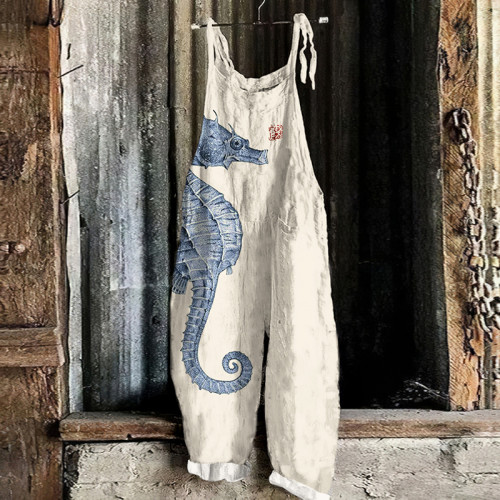 Vintage Seahorse Art Loose Casual Jumpsuit