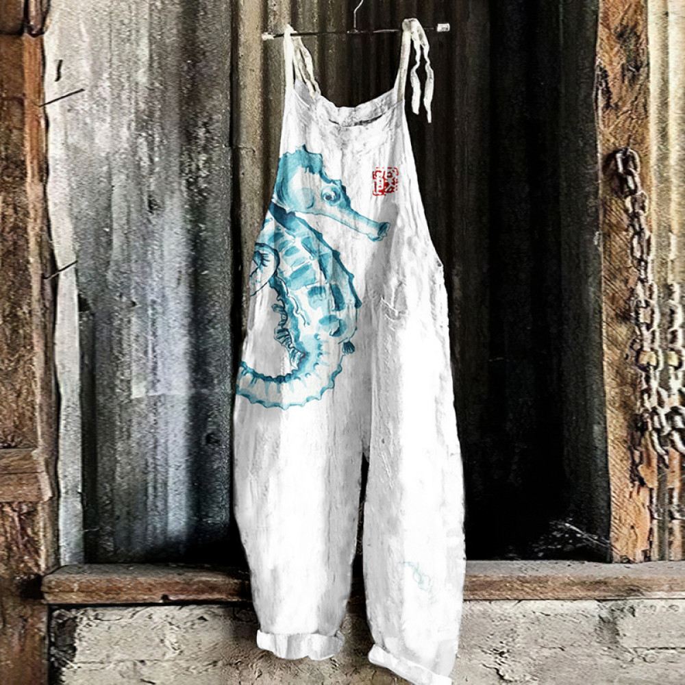 Vintage Seahorse Art Loose Casual Jumpsuit