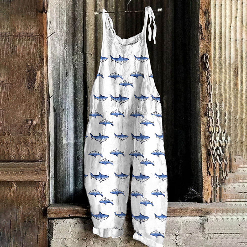 Vintage Shark Graphic Painting Art Loose Casual Jumpsuit