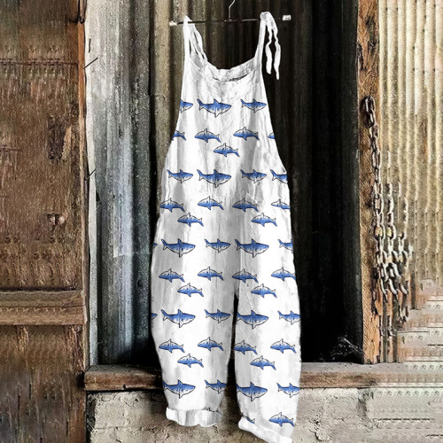 Vintage Shark Graphic Painting Art Loose Casual Jumpsuit