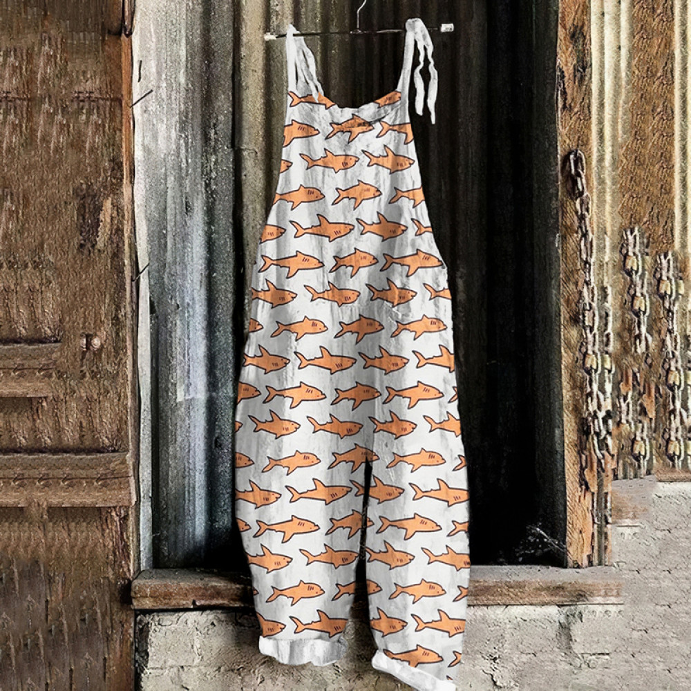 Vintage Shark Graphic Print Painting Art Loose Casual Jumpsuit