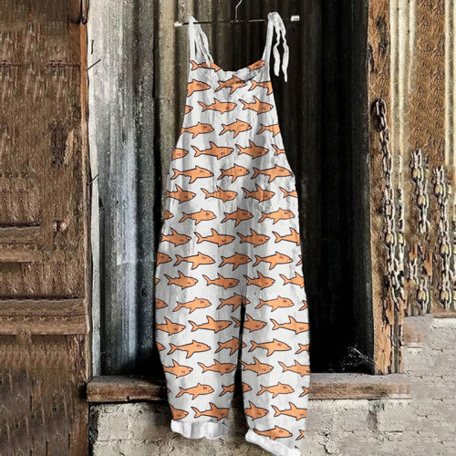 Vintage Shark Graphic Print Painting Art Loose Casual Jumpsuit