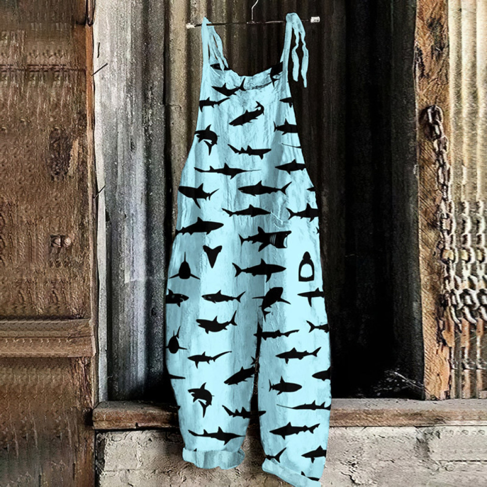 Vintage Shark Silhouettes Graphic Painting Art Loose Jumpsuit