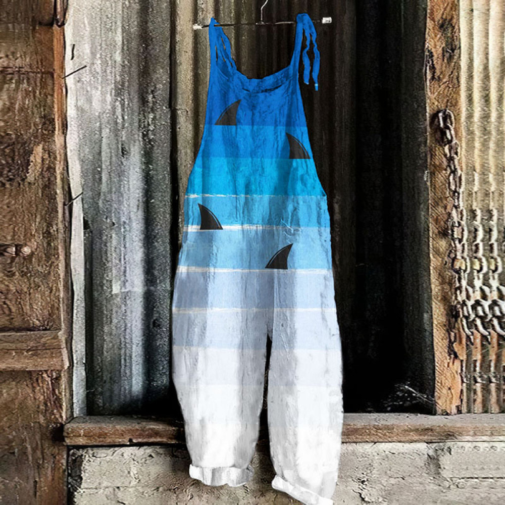 Vintage Sharks Fin Graphic Painting Art Loose Jumpsuit