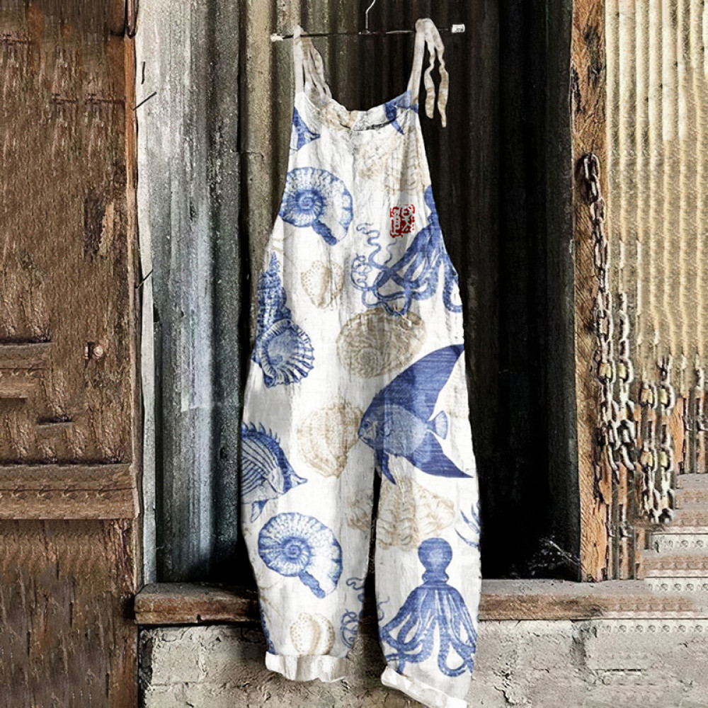 Vintage Underwater World Octopus Art Loose Casual Jumpsuit