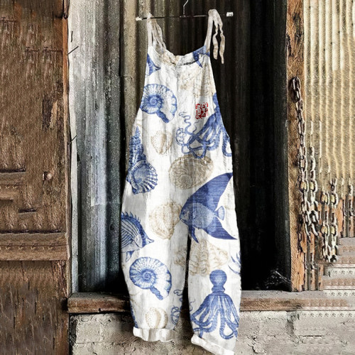 Vintage Underwater World Octopus Art Loose Casual Jumpsuit